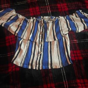 Off the shoulder blue, white and black crop top. Size medium.
